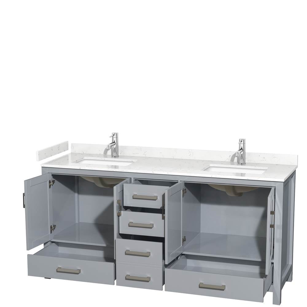 Sheffield 72 Inch Double Bathroom Vanity in Gray, Carrara Cultured Marble Countertop, Undermount Square Sinks, No Mirror