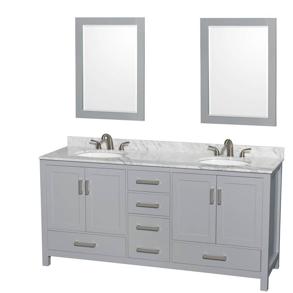 Wyndham Collection - Sheffield 72 Inch Double Bathroom Vanity in Gray, White Carrara Marble Countertop, Undermount Oval Sinks, and 24 Inch Mirrors - Gray