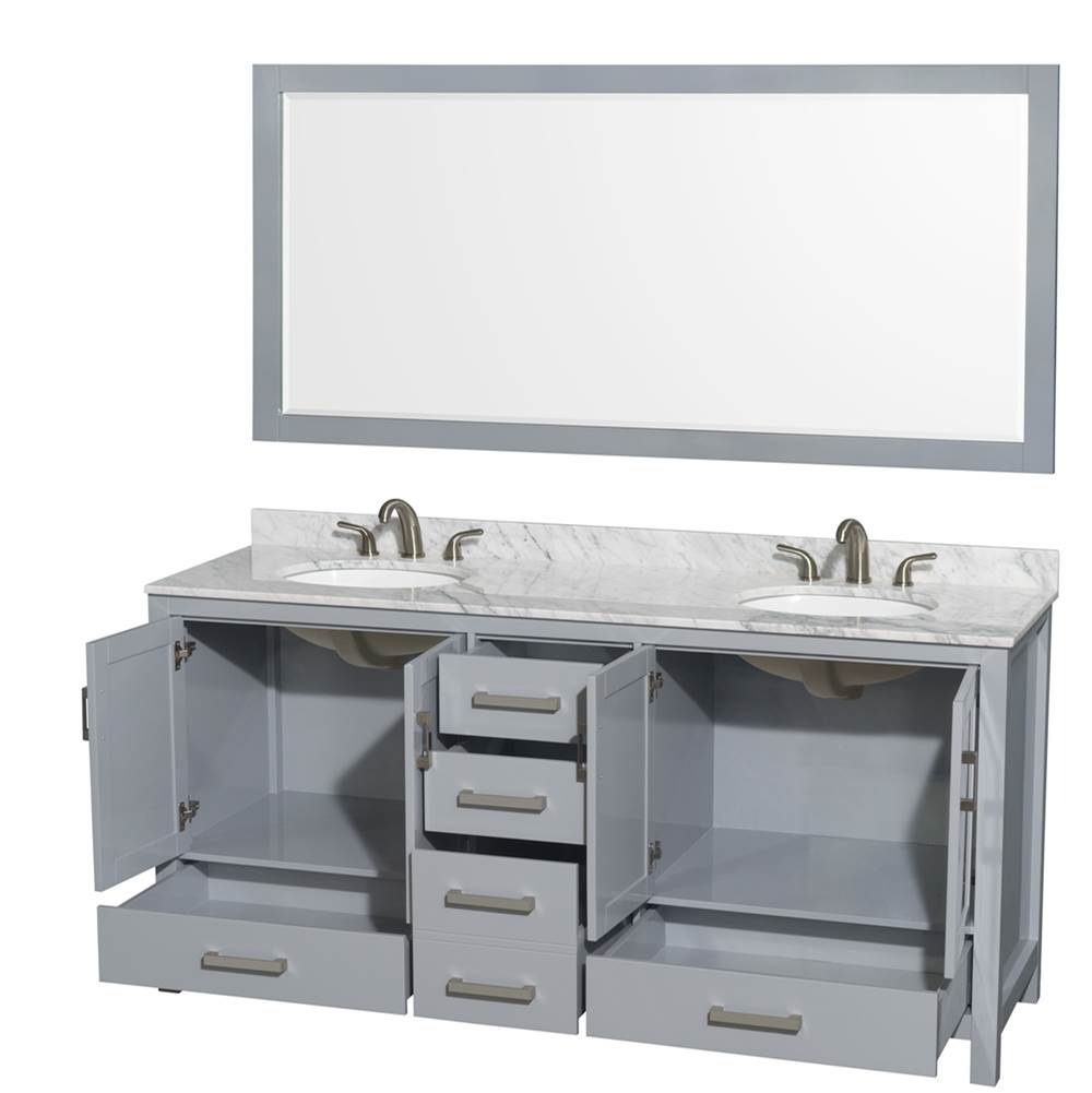 Sheffield 72 Inch Double Bathroom Vanity in Espresso, White Carrara Marble Countertop, Undermount Oval Sinks, and 70 Inch Mirror