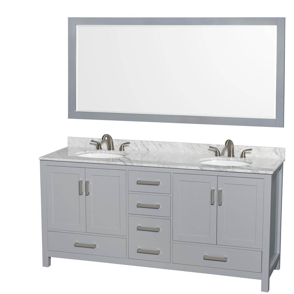 Wyndham Collection - Sheffield 72 Inch Double Bathroom Vanity in Gray, White Carrara Marble Countertop, Undermount Oval Sinks, and 70 Inch Mirror - Gray