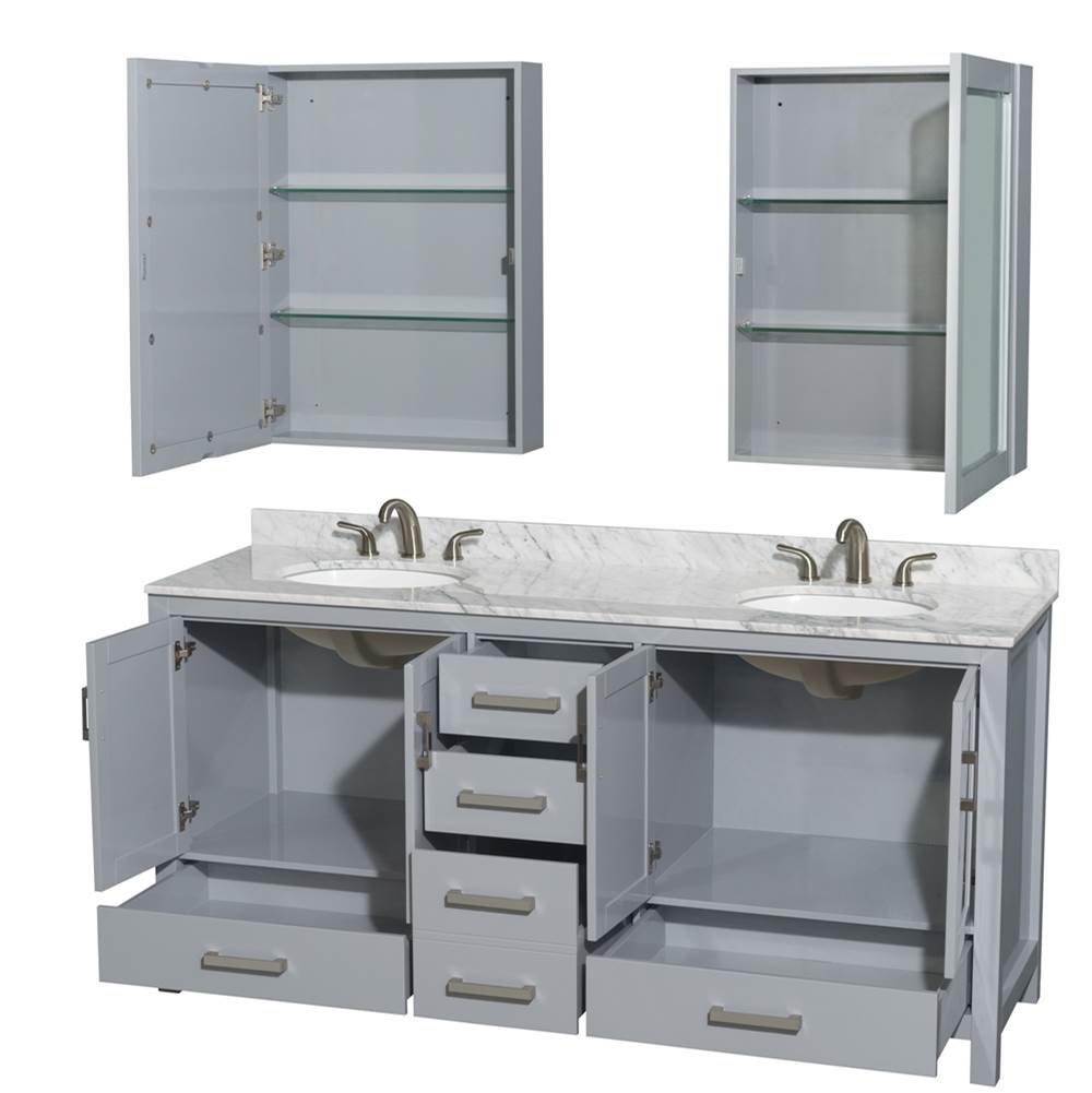 Sheffield 72 Inch Double Bathroom Vanity in Espresso, White Carrara Marble Countertop, Undermount Oval Sinks, and Medicine Cabinets