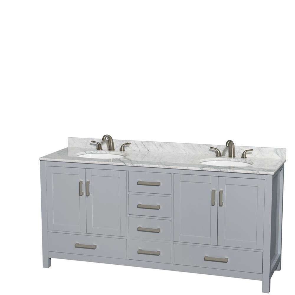 Wyndham Collection - Sheffield 72 Inch Double Bathroom Vanity in Gray, White Carrara Marble Countertop, Undermount Oval Sinks, and No Mirror - Gray
