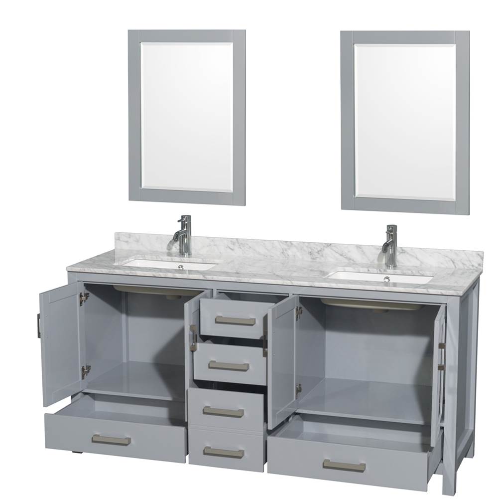 Sheffield 72 Inch Double Bathroom Vanity in Espresso, White Carrara Marble Countertop, Undermount Square Sinks, and 24 Inch Mirrors
