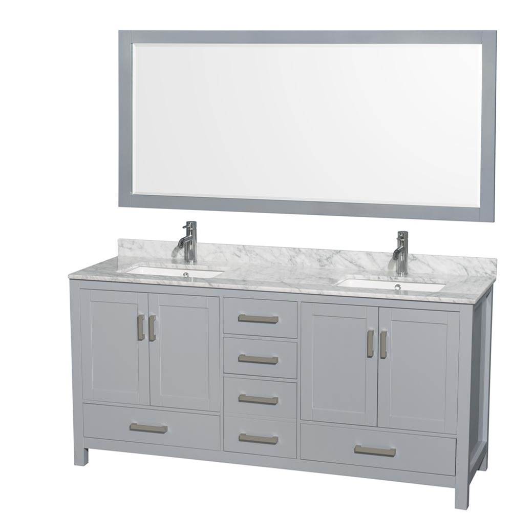 Wyndham Collection - Sheffield 72 Inch Double Bathroom Vanity in Gray, White Carrara Marble Countertop, Undermount Square Sinks, and 70 Inch Mirror - Gray