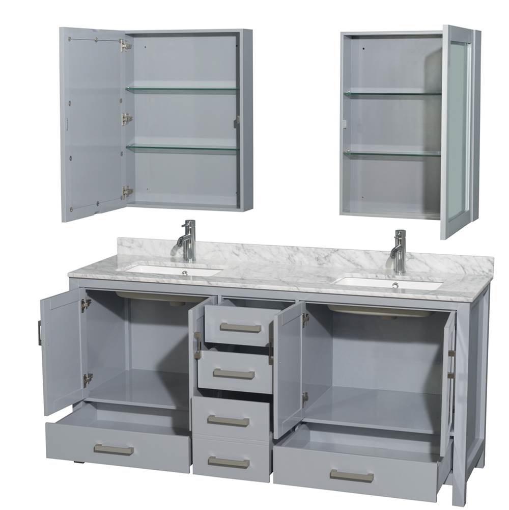 Sheffield 72 Inch Double Bathroom Vanity in Espresso, White Carrara Marble Countertop, Undermount Square Sinks, and Medicine Cabinets