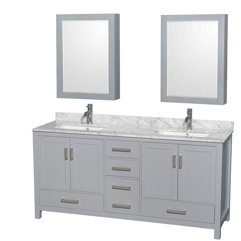 Wyndham Collection - Sheffield 72 Inch Double Bathroom Vanity in Gray, White Carrara Marble Countertop, Undermount Square Sinks, and Medicine Cabinets - Gray