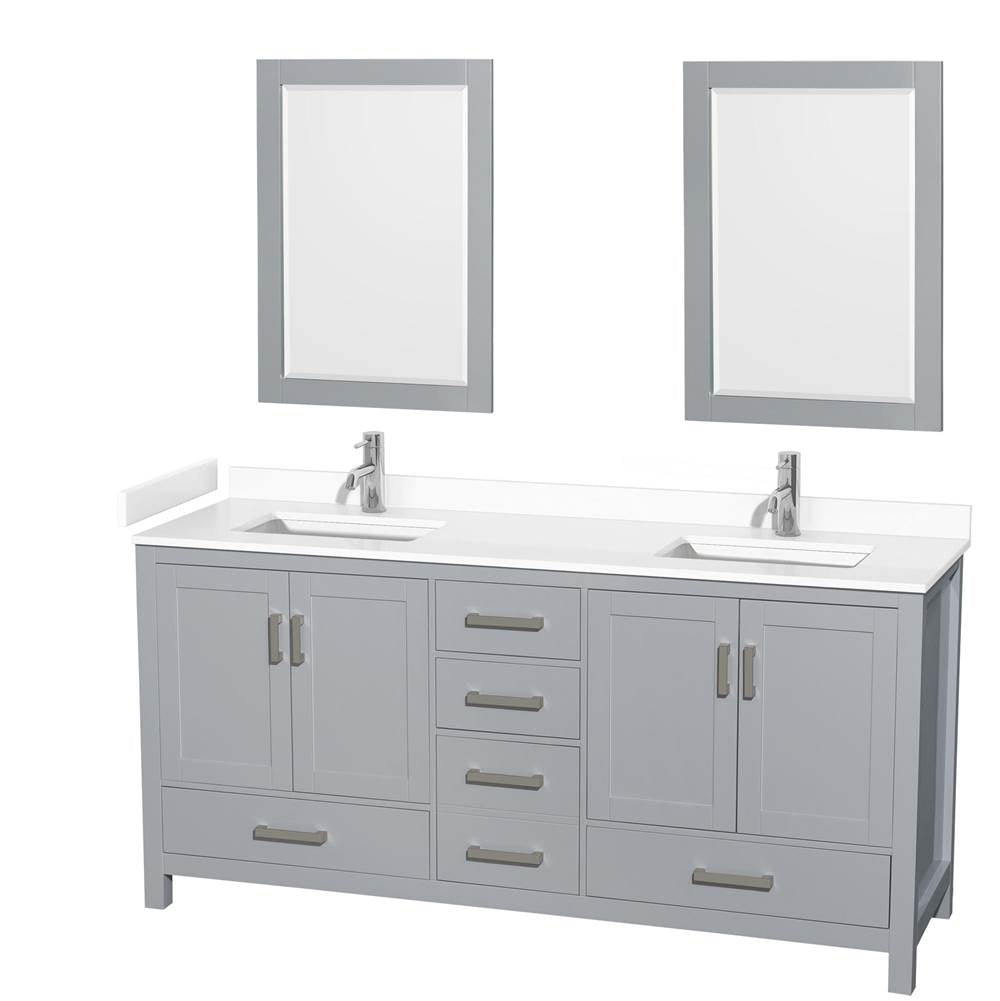 Wyndham Collection - Sheffield 72 Inch Double Bathroom Vanity in Gray, White Cultured Marble Countertop, Undermount Square Sinks, 24 Inch Mirrors