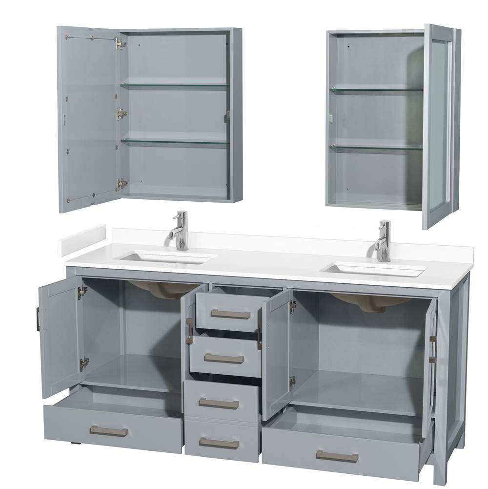 Sheffield 72 Inch Double Bathroom Vanity in Gray, White Cultured Marble Countertop, Undermount Square Sinks, Medicine Cabinets