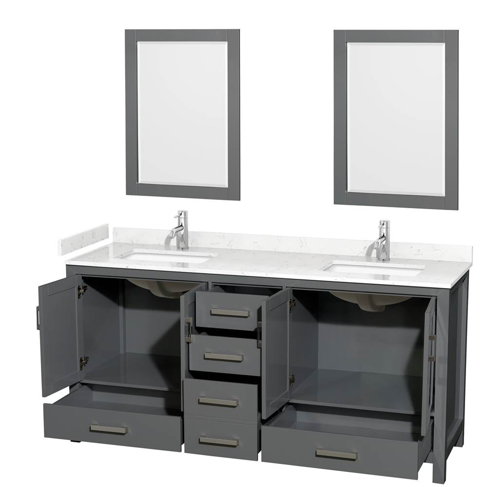 Sheffield 72 Inch Double Bathroom Vanity in Dark Gray, Carrara Cultured Marble Countertop, Undermount Square Sinks, 24 Inch Mirrors