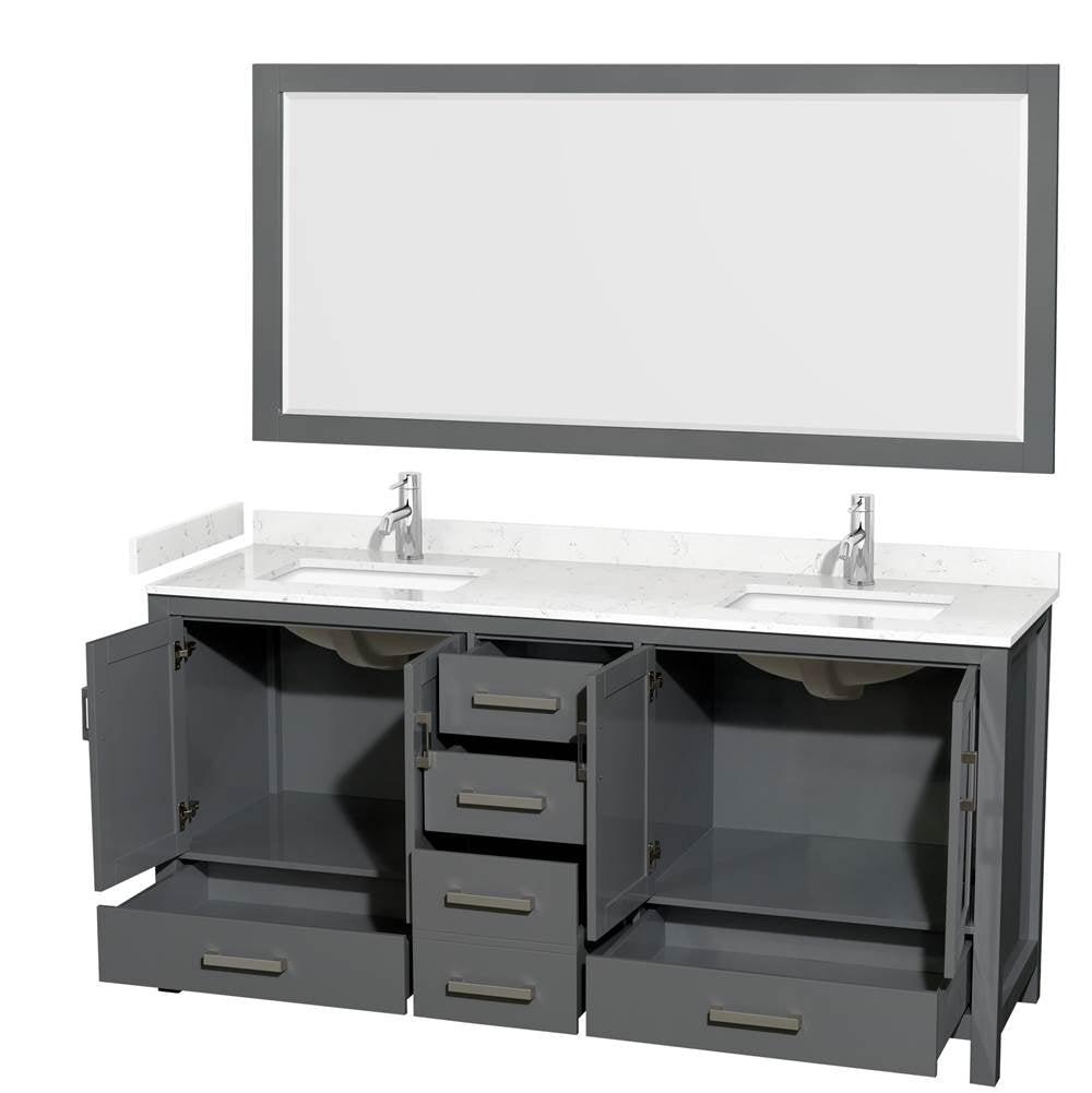 Sheffield 72 Inch Double Bathroom Vanity in Dark Gray, Carrara Cultured Marble Countertop, Undermount Square Sinks, 70 Inch Mirror