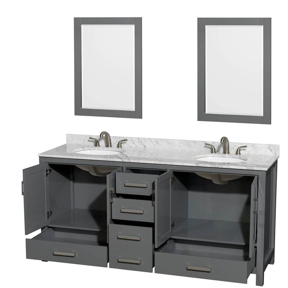 Sheffield 72 Inch Double Bathroom Vanity in Espresso, White Carrara Marble Countertop, Undermount Oval Sinks, and 24 Inch Mirrors