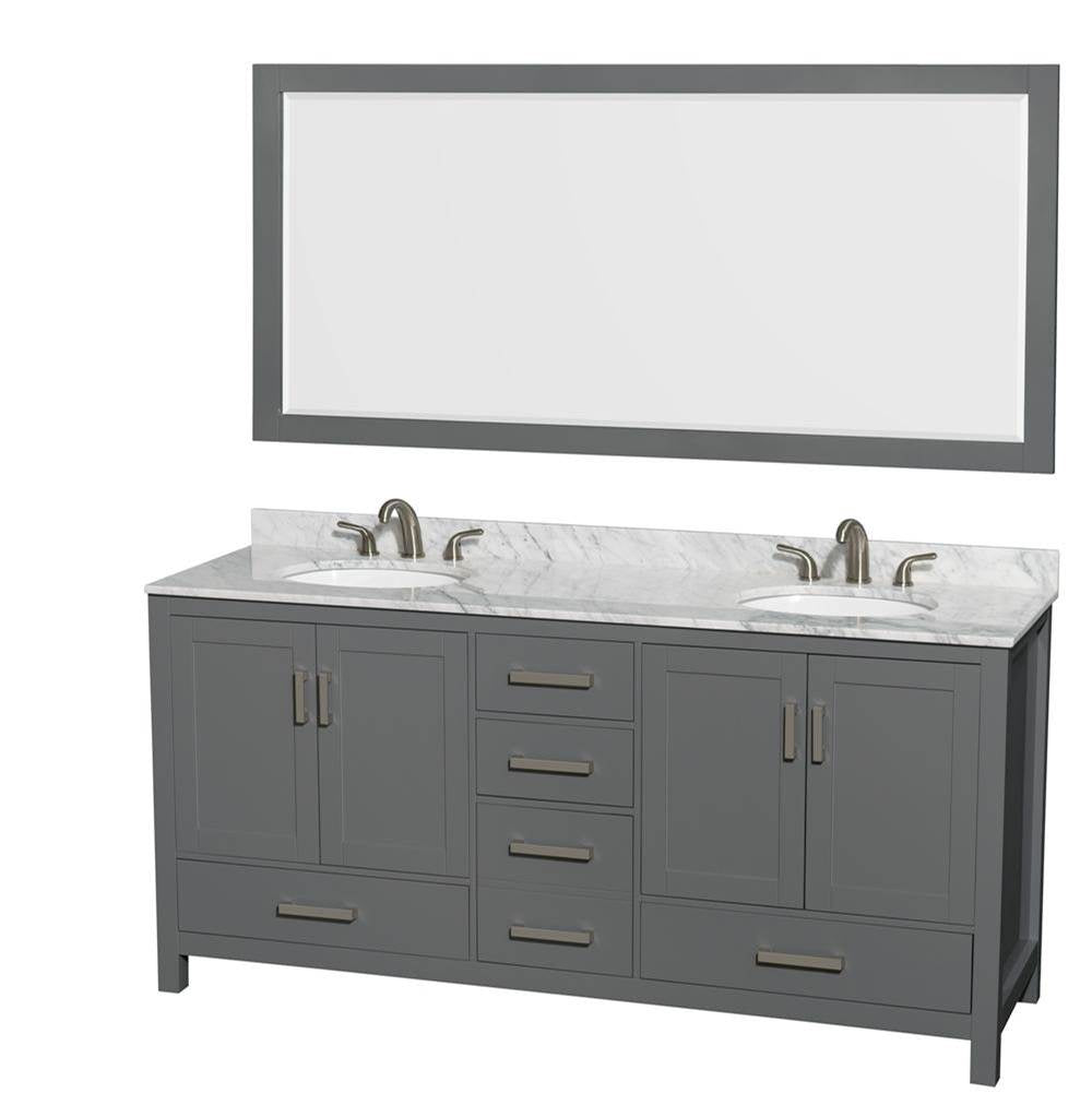 Wyndham Collection - Sheffield 72 Inch Double Bathroom Vanity in Dark Gray, White Carrara Marble Countertop, Undermount Oval Sinks, and 70 Inch Mirror - Dark Gray