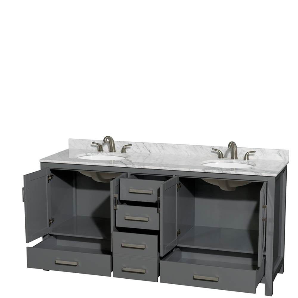 Sheffield 72 Inch Double Bathroom Vanity in Espresso, White Carrara Marble Countertop, Undermount Oval Sinks, and No Mirror
