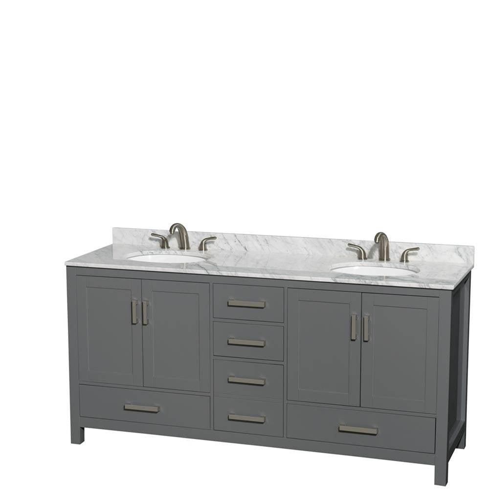 Wyndham Collection - Sheffield 72 Inch Double Bathroom Vanity in Dark Gray, White Carrara Marble Countertop, Undermount Oval Sinks, and No Mirror - Dark Gray