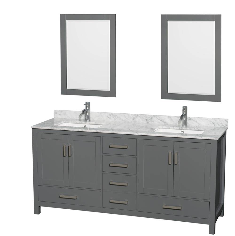 Wyndham Collection - Sheffield 72 Inch Double Bathroom Vanity in Dark Gray, White Carrara Marble Countertop, Undermount Square Sinks, and 24 Inch Mirrors - Dark Gray