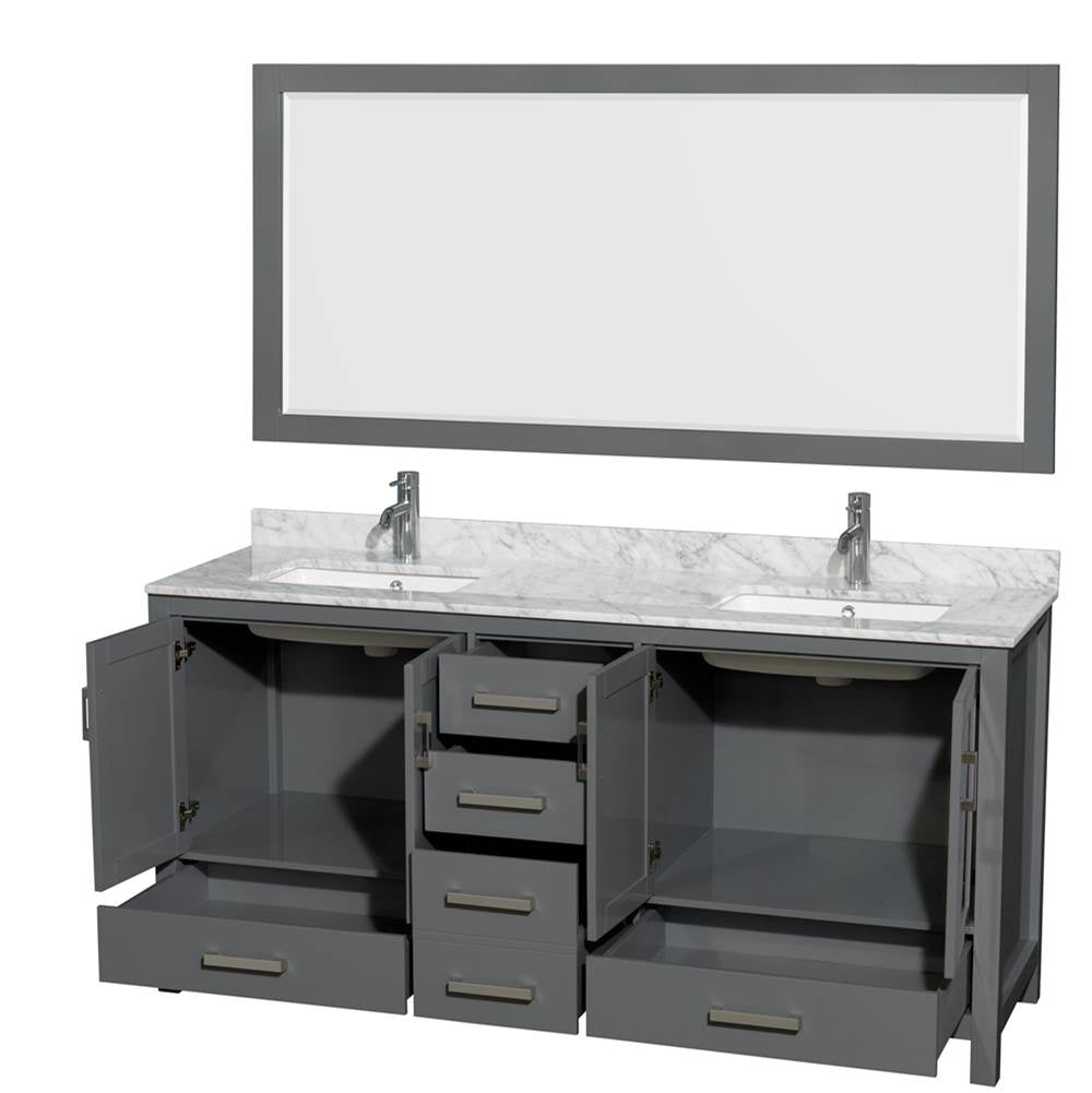 Sheffield 72 Inch Double Bathroom Vanity in Espresso, White Carrara Marble Countertop, Undermount Square Sinks, and 70 Inch Mirror