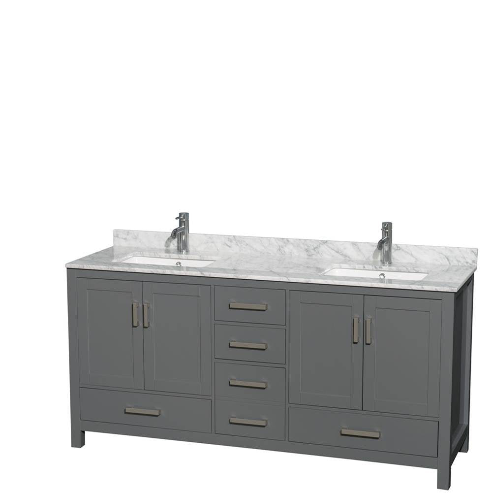 Wyndham Collection - Sheffield 72 Inch Double Bathroom Vanity in Dark Gray, White Carrara Marble Countertop, Undermount Square Sinks, and No Mirror - Dark Gray