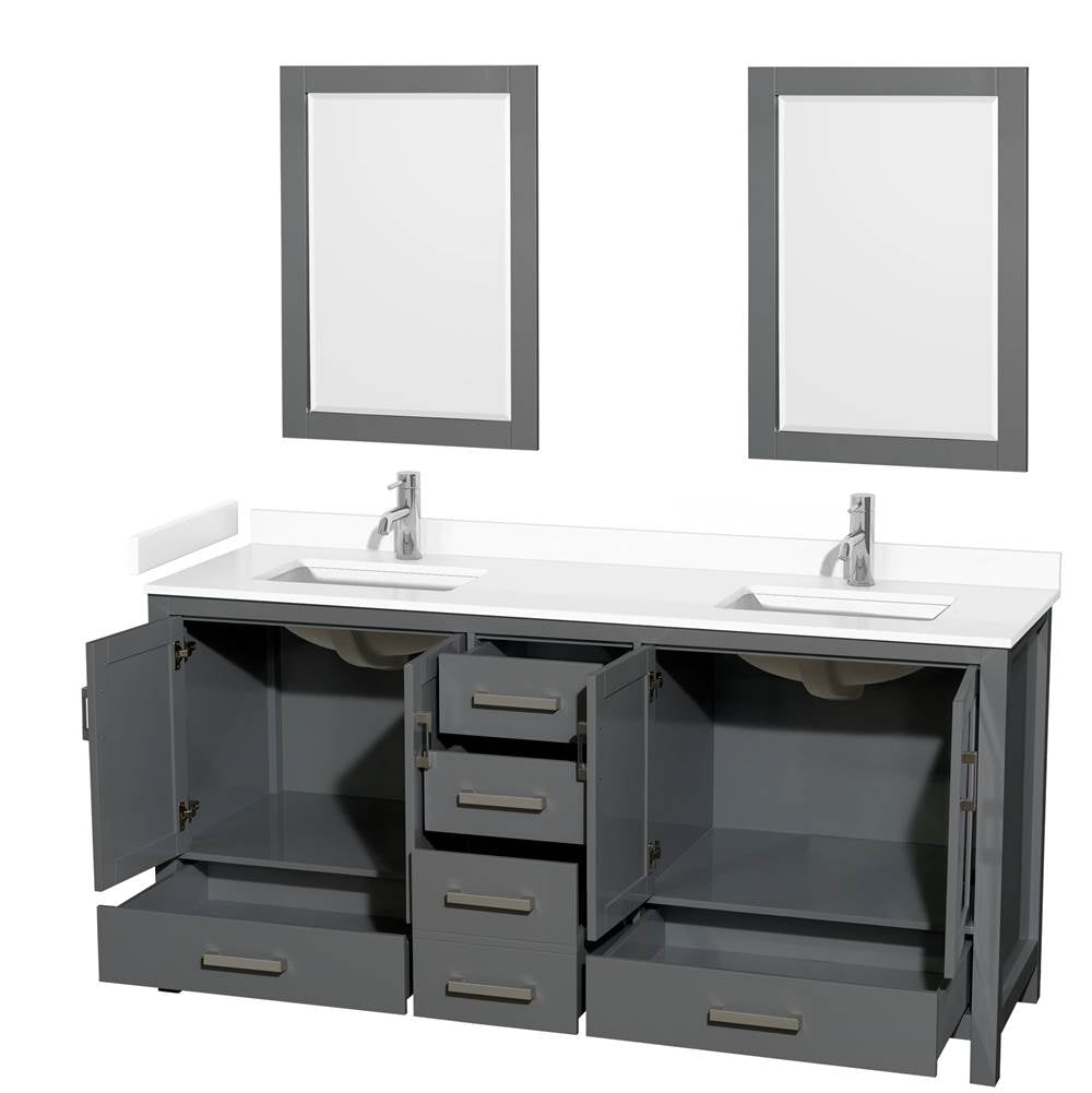 Sheffield 72 Inch Double Bathroom Vanity in Dark Gray, White Cultured Marble Countertop, Undermount Square Sinks, 24 Inch Mirrors