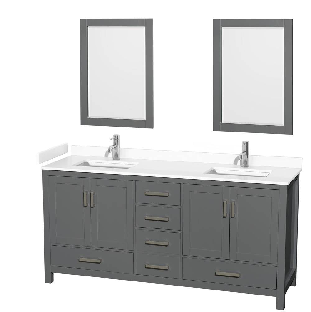 Wyndham Collection - Sheffield 72 Inch Double Bathroom Vanity in Dark Gray, White Cultured Marble Countertop, Undermount Square Sinks, 24 Inch Mirrors
