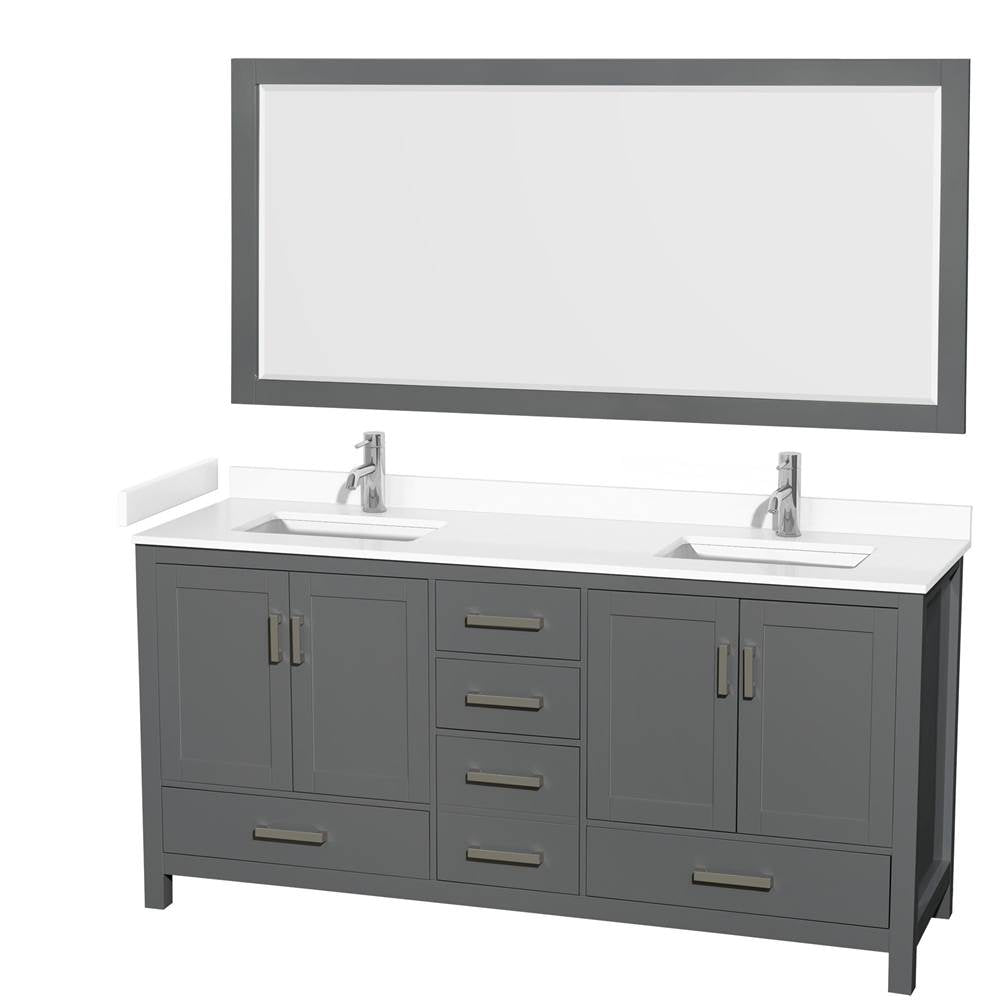 Wyndham Collection - Sheffield 72 Inch Double Bathroom Vanity in Dark Gray, White Cultured Marble Countertop, Undermount Square Sinks, 70 Inch Mirror