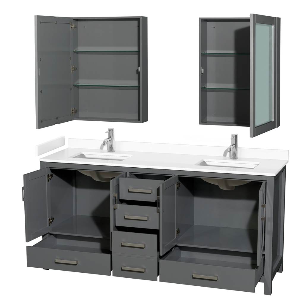 Sheffield 72 Inch Double Bathroom Vanity in Dark Gray, White Cultured Marble Countertop, Undermount Square Sinks, Medicine Cabinets