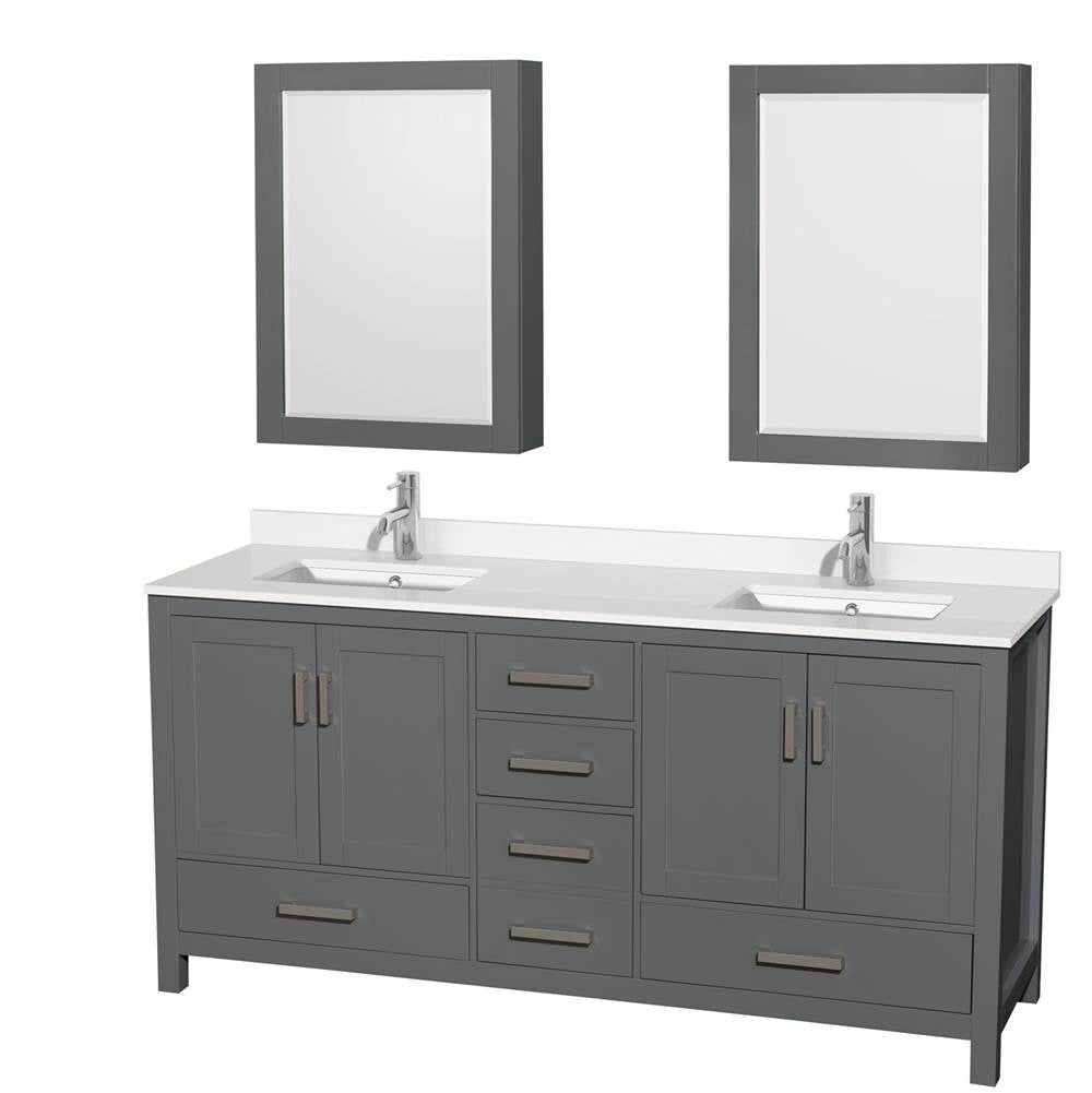 Wyndham Collection - Sheffield 72 Inch Double Bathroom Vanity in Dark Gray, White Quartz Countertop, Undermount Square Sinks, Medicine Cabinets - Dark Gray