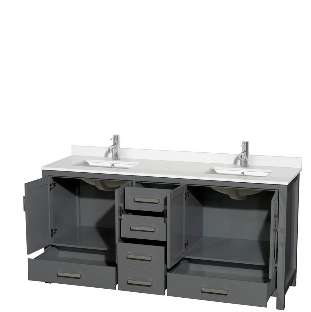 Sheffield 72 Inch Double Bathroom Vanity in Gray, White Quartz Countertop, Undermount Square Sinks, No Mirror