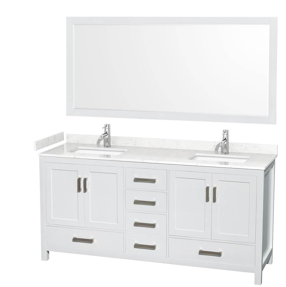 Wyndham Collection - Sheffield 72 Inch Double Bathroom Vanity in White, Carrara Cultured Marble Countertop, Undermount Square Sinks, 70 Inch Mirror