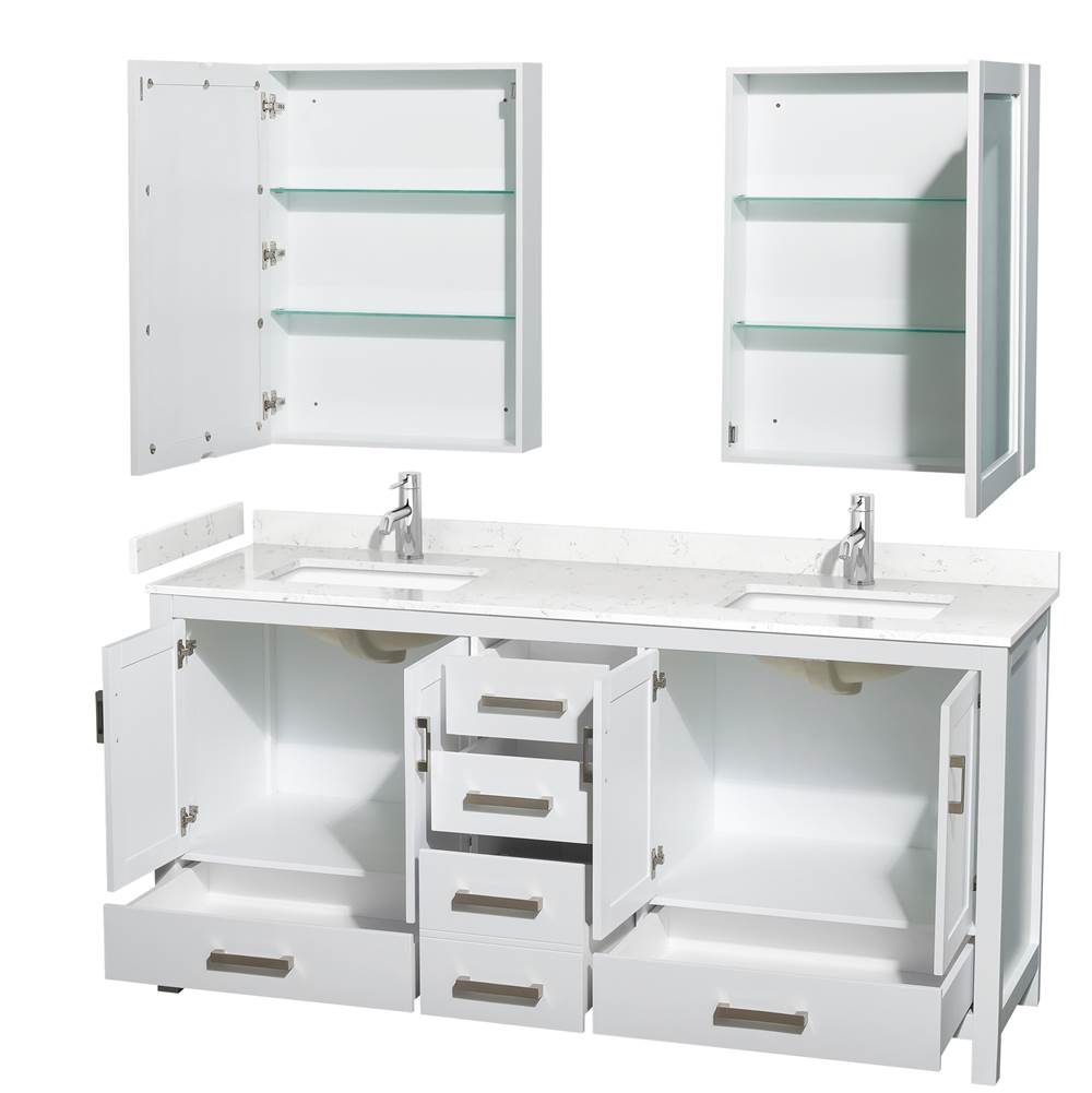 Sheffield 72 Inch Double Bathroom Vanity in White, Carrara Cultured Marble Countertop, Undermount Square Sinks, Medicine Cabinets