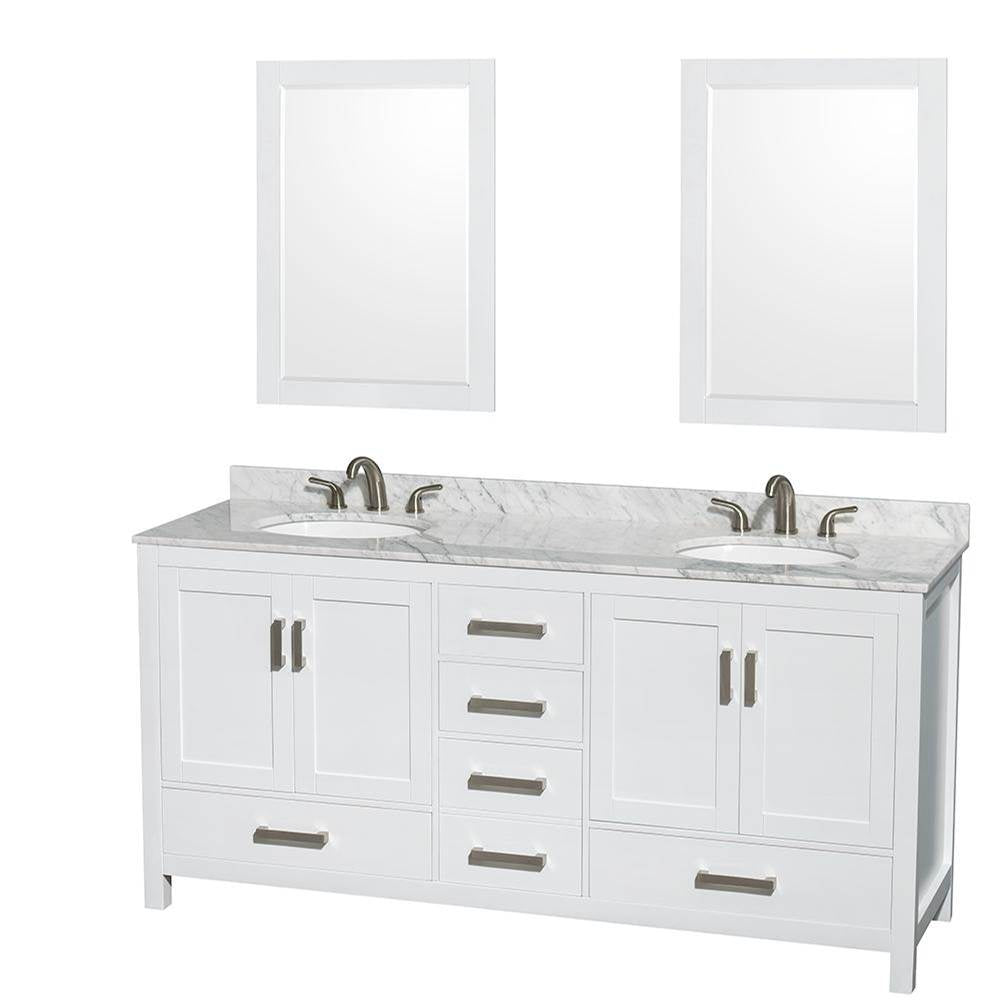 Wyndham Collection - Sheffield 72 Inch Double Bathroom Vanity in White, White Carrara Marble Countertop, Undermount Oval Sinks, and 24 Inch Mirrors - White