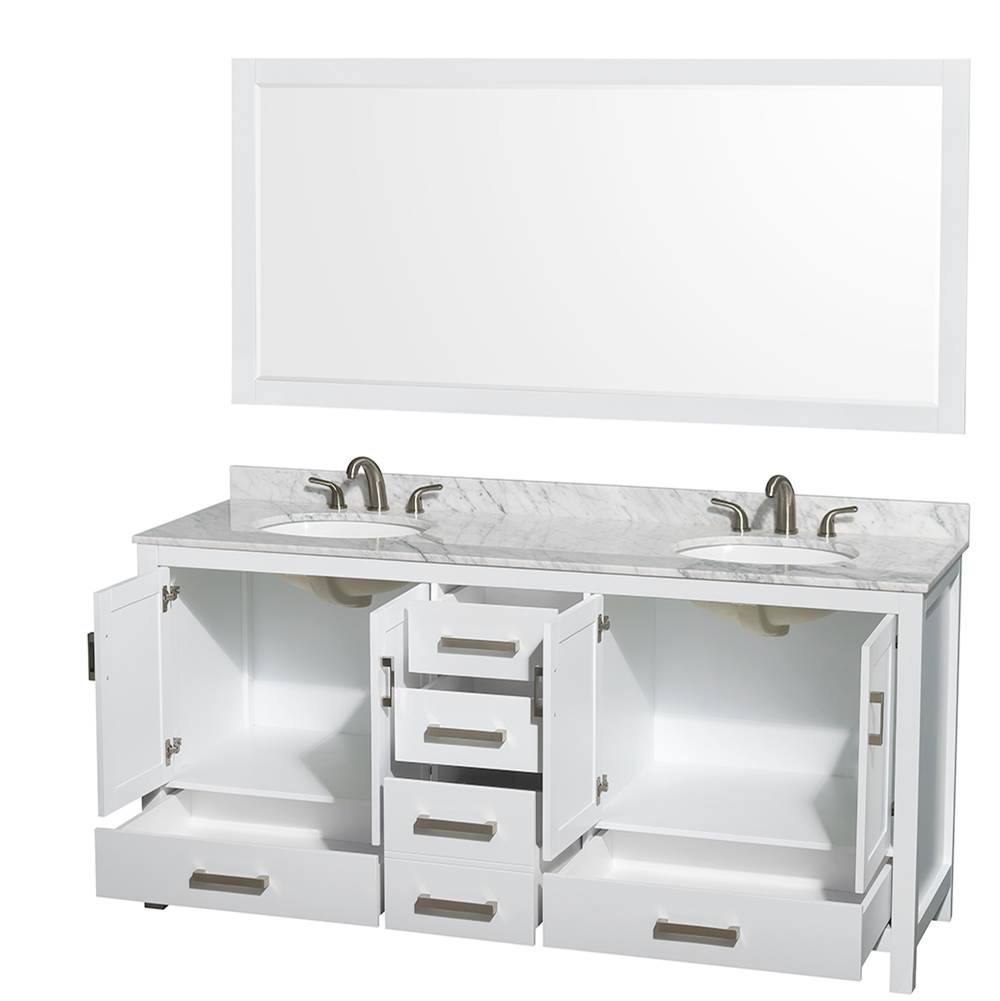 Sheffield 72 Inch Double Bathroom Vanity in Espresso, White Carrara Marble Countertop, Undermount Oval Sinks, and 70 Inch Mirror