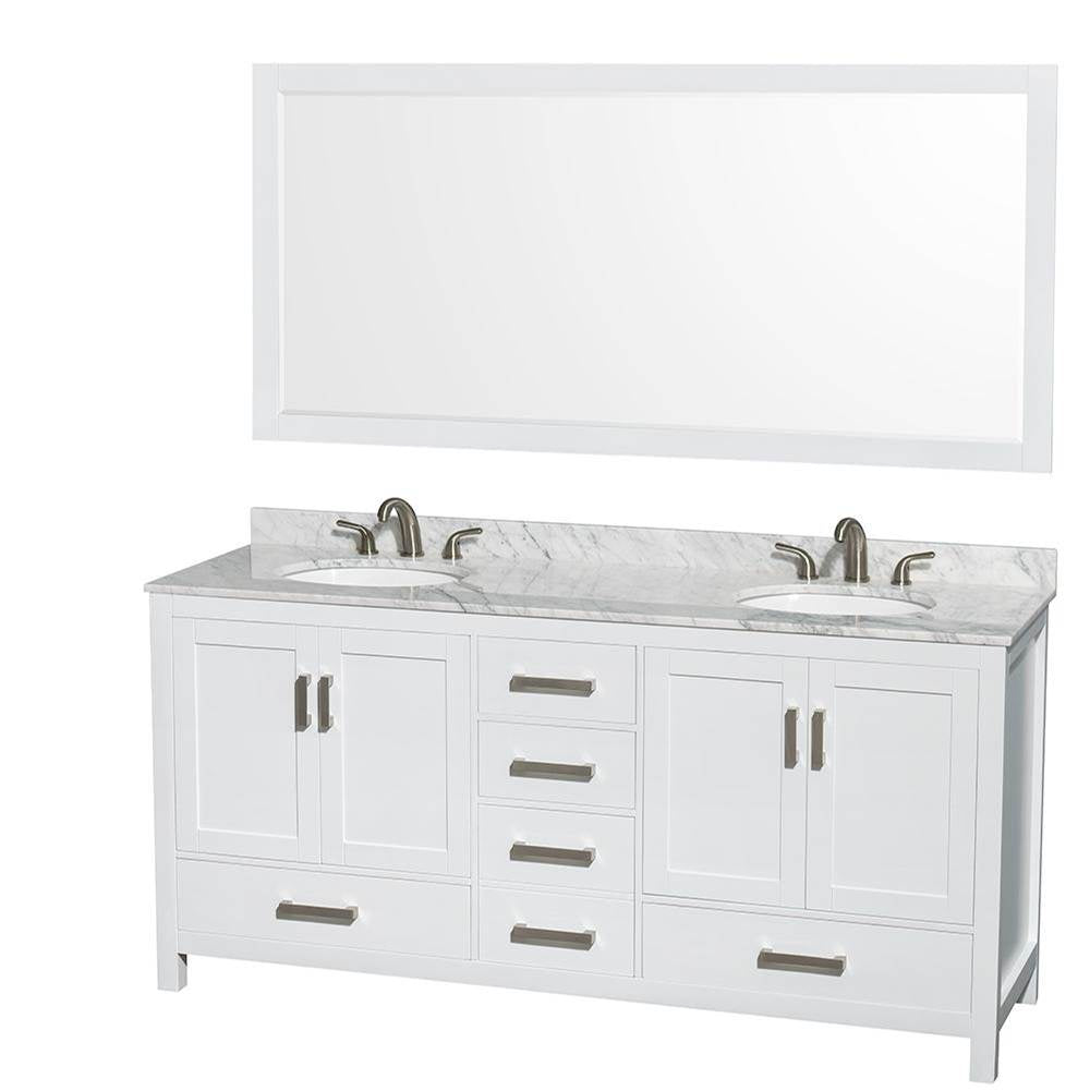 Wyndham Collection - Sheffield 72 Inch Double Bathroom Vanity in White, White Carrara Marble Countertop, Undermount Oval Sinks, and 70 Inch Mirror - White