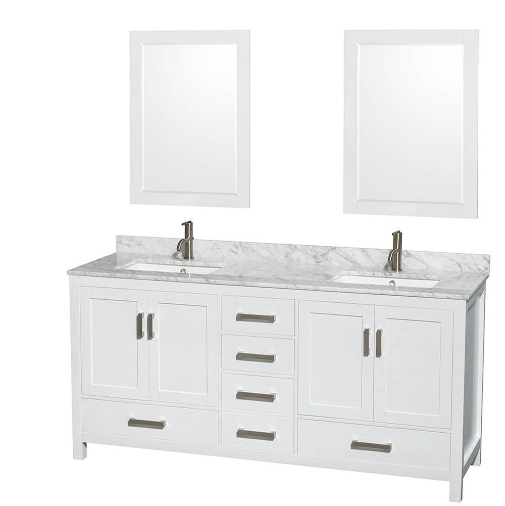 Wyndham Collection - Sheffield 72 Inch Double Bathroom Vanity in White, White Carrara Marble Countertop, Undermount Square Sinks, and 24 Inch Mirrors - White