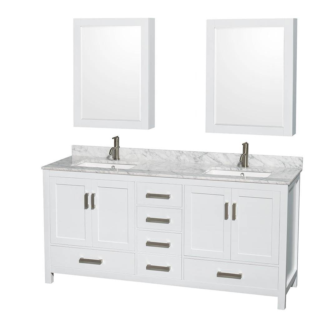 Wyndham Collection - Sheffield 72 Inch Double Bathroom Vanity in White, White Carrara Marble Countertop, Undermount Square Sinks, and Medicine Cabinets - White