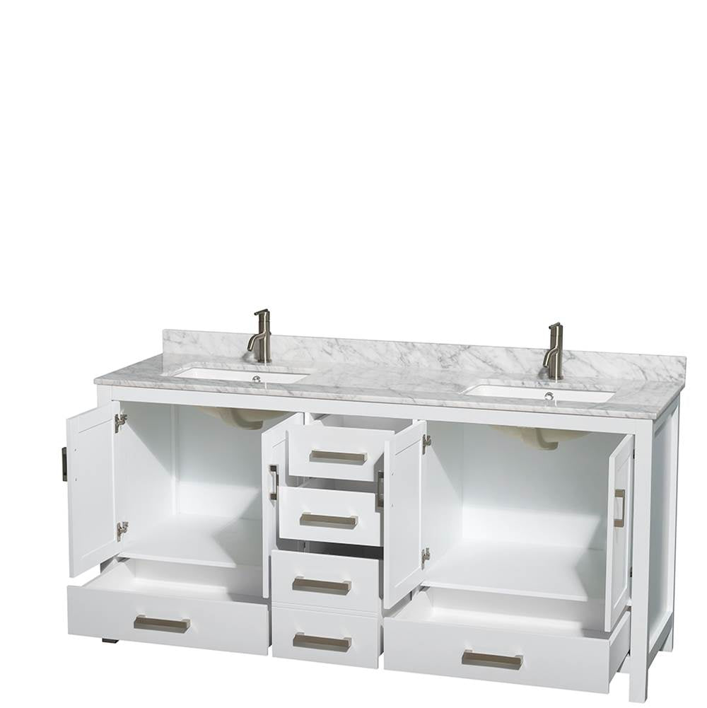 Sheffield 72 Inch Double Bathroom Vanity in Espresso, White Carrara Marble Countertop, Undermount Square Sinks, and No Mirror