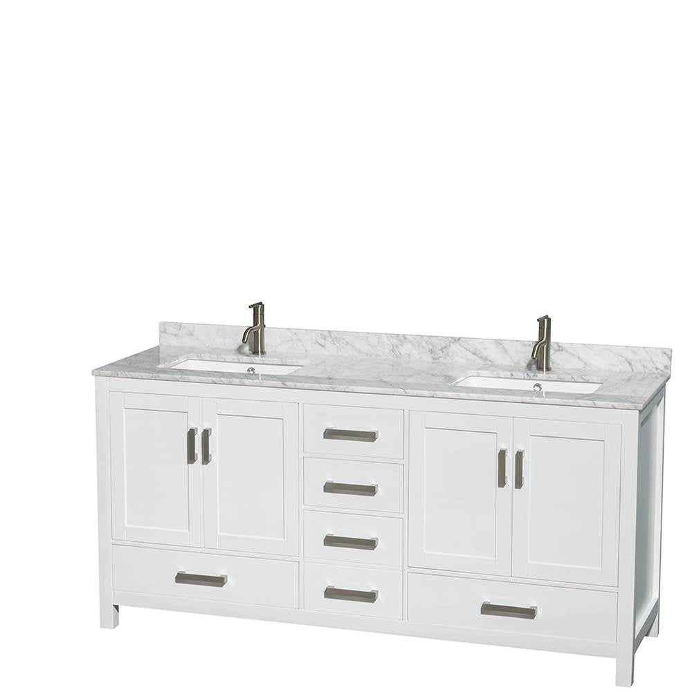 Sheffield 72 Inch Double Bathroom Vanity in Espresso, White Carrara Marble Countertop, Undermount Square Sinks, and Medicine Cabinets