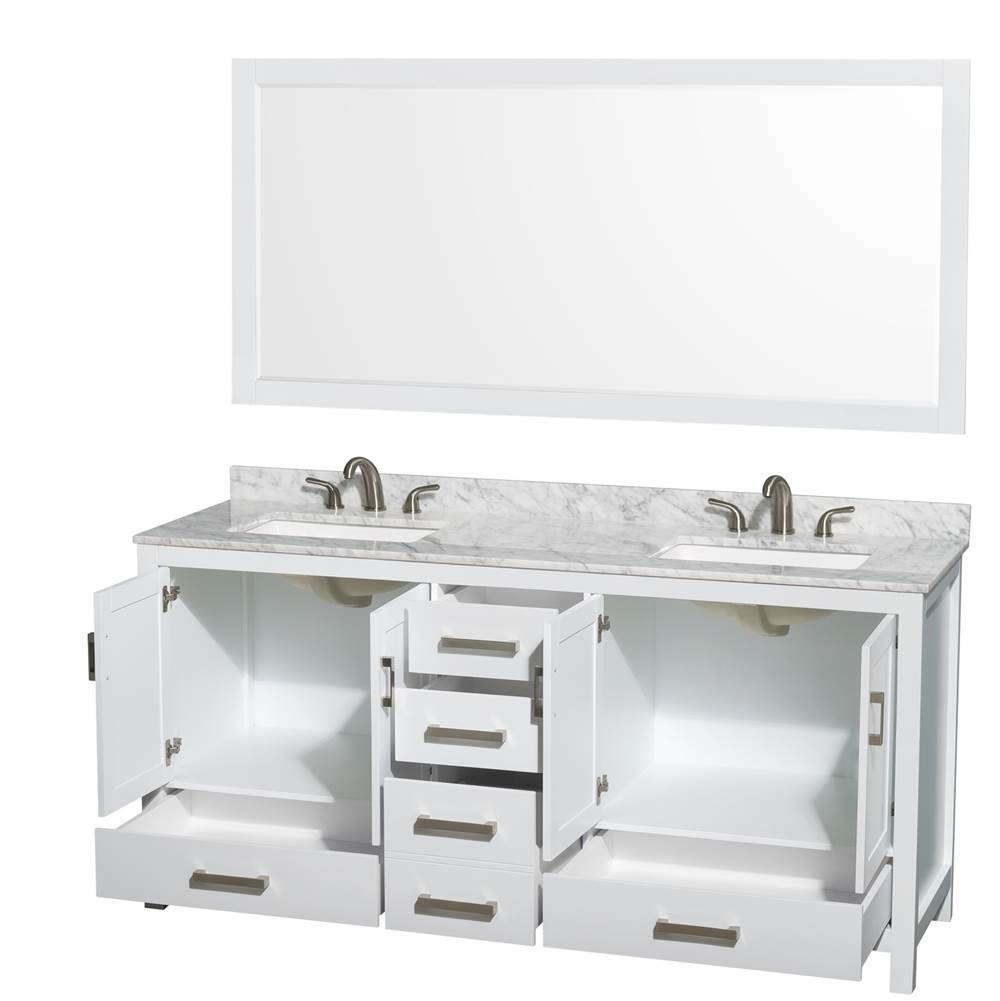 Sheffield 72 Inch Double Bathroom Vanity in White, White Carrara Marble Countertop, Undermount 3-Hole Square Sinks, 70 Inch Mirror