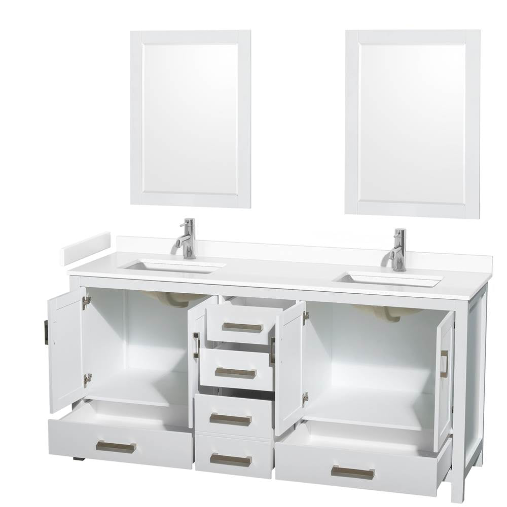 Sheffield 72 Inch Double Bathroom Vanity in White, White Cultured Marble Countertop, Undermount Square Sinks, 24 Inch Mirrors