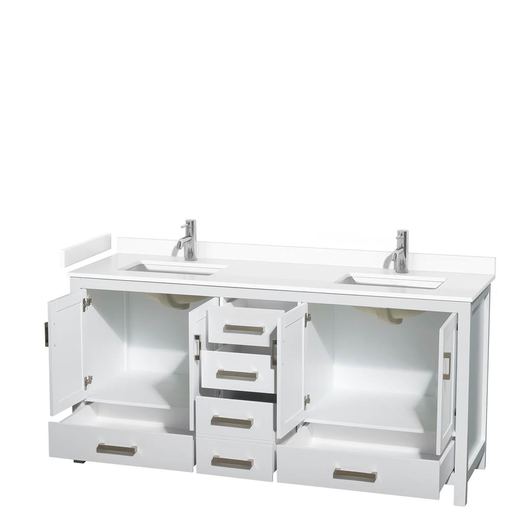 Sheffield 72 Inch Double Bathroom Vanity in White, White Cultured Marble Countertop, Undermount Square Sinks, No Mirror