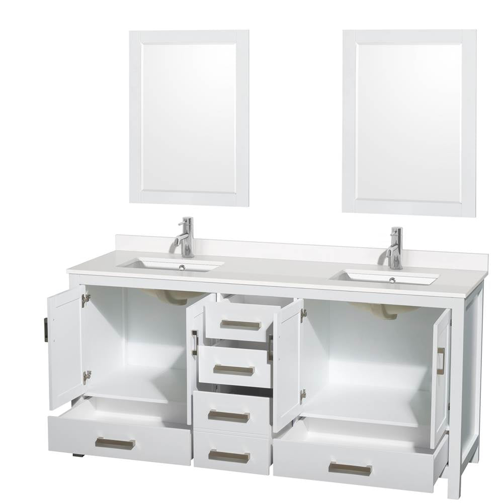 Sheffield 72 Inch Double Bathroom Vanity in Gray, White Quartz Countertop, Undermount Square Sinks, 24 Inch Mirrors
