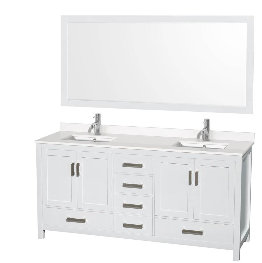 Wyndham Collection - Sheffield 72 Inch Double Bathroom Vanity in White, White Quartz Countertop, Undermount Square Sinks, 70 Inch Mirror - White