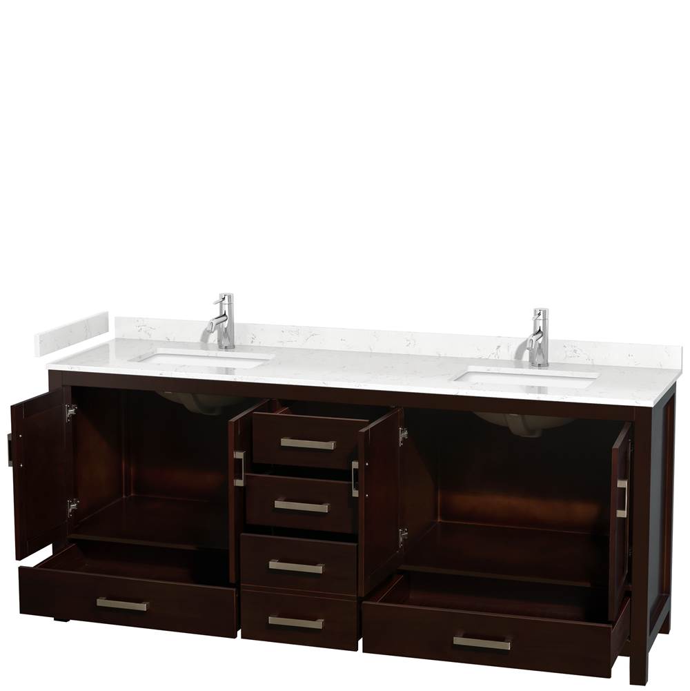 Sheffield 80 Inch Double Bathroom Vanity in Espresso, Carrara Cultured Marble Countertop, Undermount Square Sinks, No Mirror