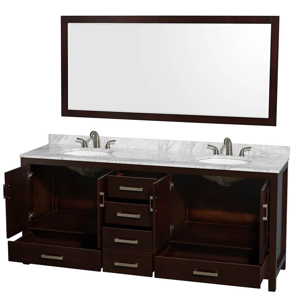 Sheffield 80 Inch Double Bathroom Vanity in Espresso, White Carrara Marble Countertop, Undermount Oval Sinks, and 70 Inch Mirror