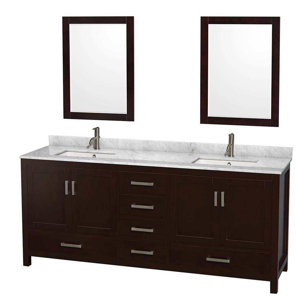 Wyndham Collection - Sheffield 80 Inch Double Bathroom Vanity in Espresso, White Carrara Marble Countertop, Undermount Square Sinks, and 24 Inch Mirrors - Espresso