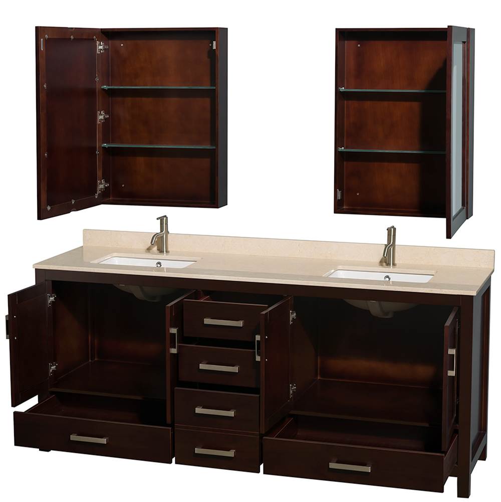 Sheffield 80 Inch Double Bathroom Vanity in Espresso, Ivory Marble Countertop, Undermount Square Sinks, and Medicine Cabinets