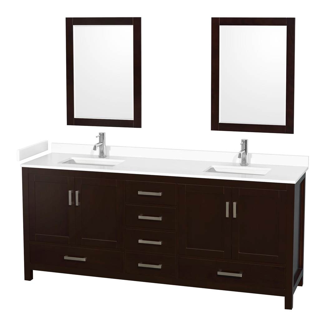 Wyndham Collection - Sheffield 80 Inch Double Bathroom Vanity in Espresso, White Cultured Marble Countertop, Undermount Square Sinks, 24 Inch Mirrors