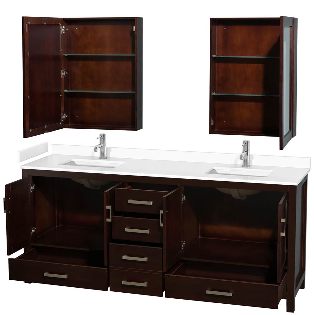 Sheffield 80 Inch Double Bathroom Vanity in Espresso, White Cultured Marble Countertop, Undermount Square Sinks, Medicine Cabinets