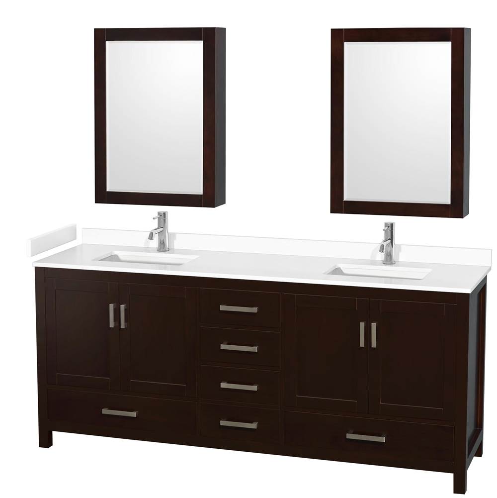 Wyndham Collection - Sheffield 80 Inch Double Bathroom Vanity in Espresso, White Cultured Marble Countertop, Undermount Square Sinks, Medicine Cabinets