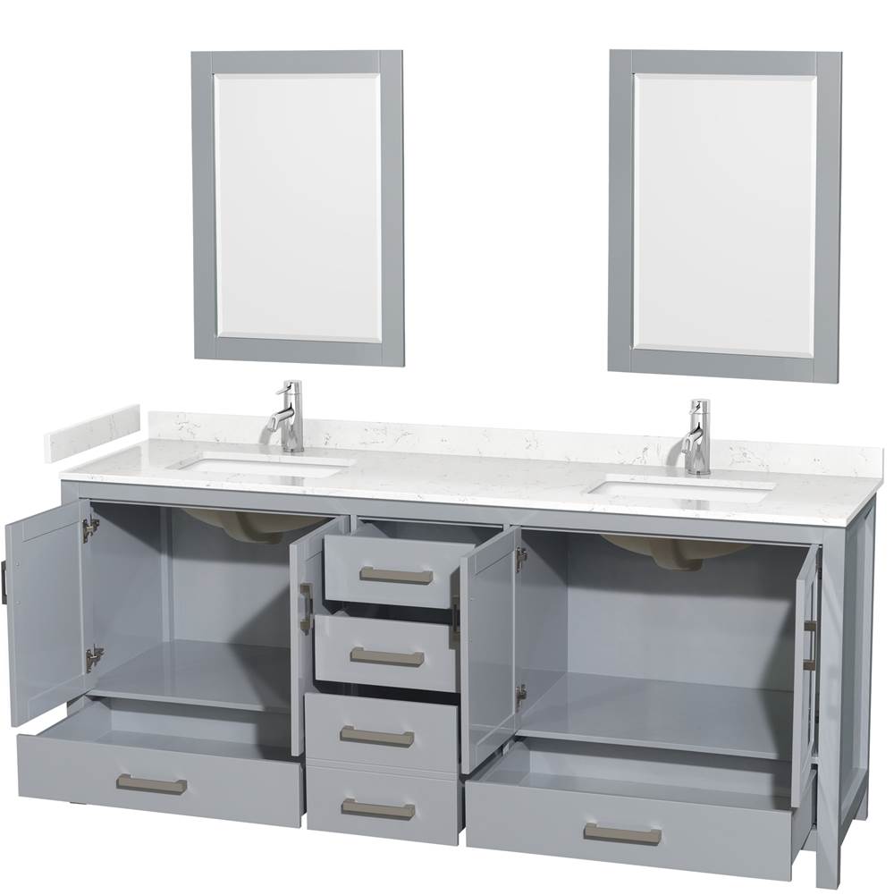 Sheffield 80 Inch Double Bathroom Vanity in Gray, Carrara Cultured Marble Countertop, Undermount Square Sinks, 24 Inch Mirrors