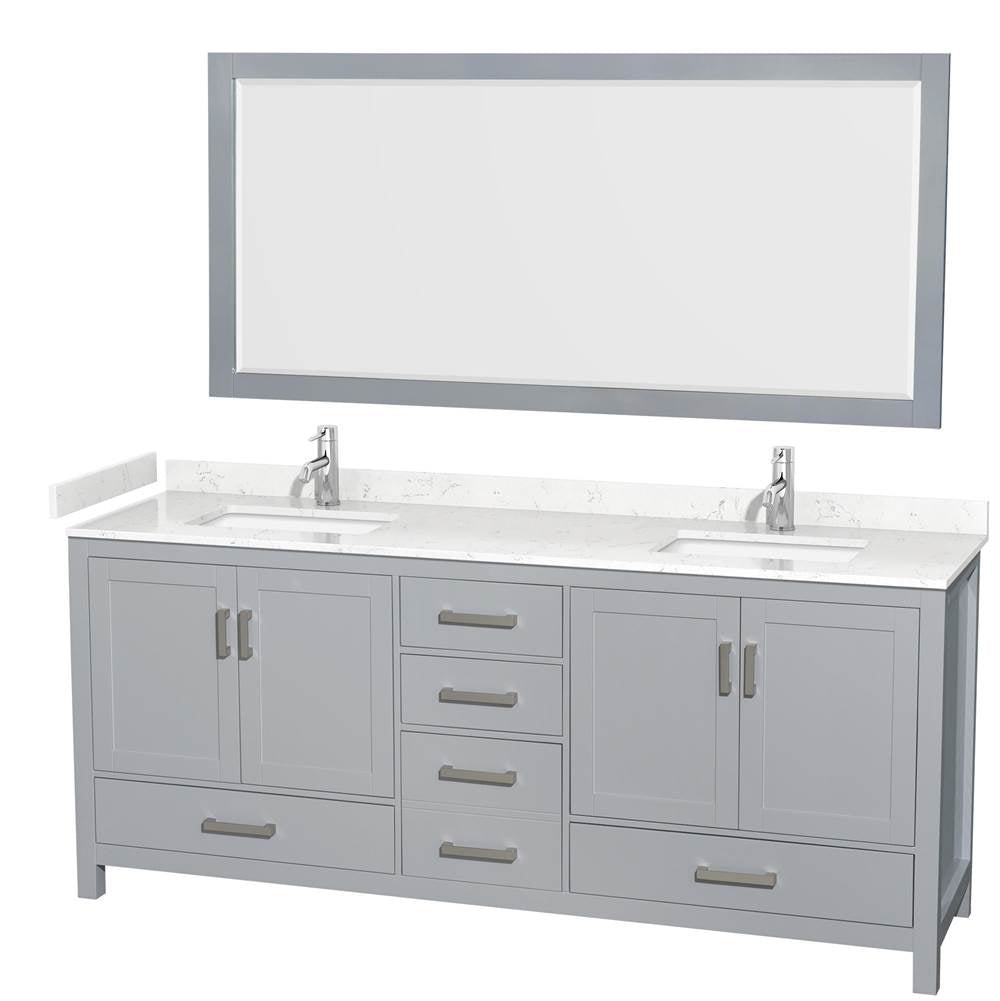 Wyndham Collection - Sheffield 80 Inch Double Bathroom Vanity in Gray, Carrara Cultured Marble Countertop, Undermount Square Sinks, 70 Inch Mirror